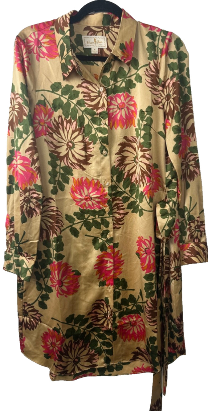 Flora Bea NYC Golden Floral Brocade Shirt Dress M Button With Belt Satin D35